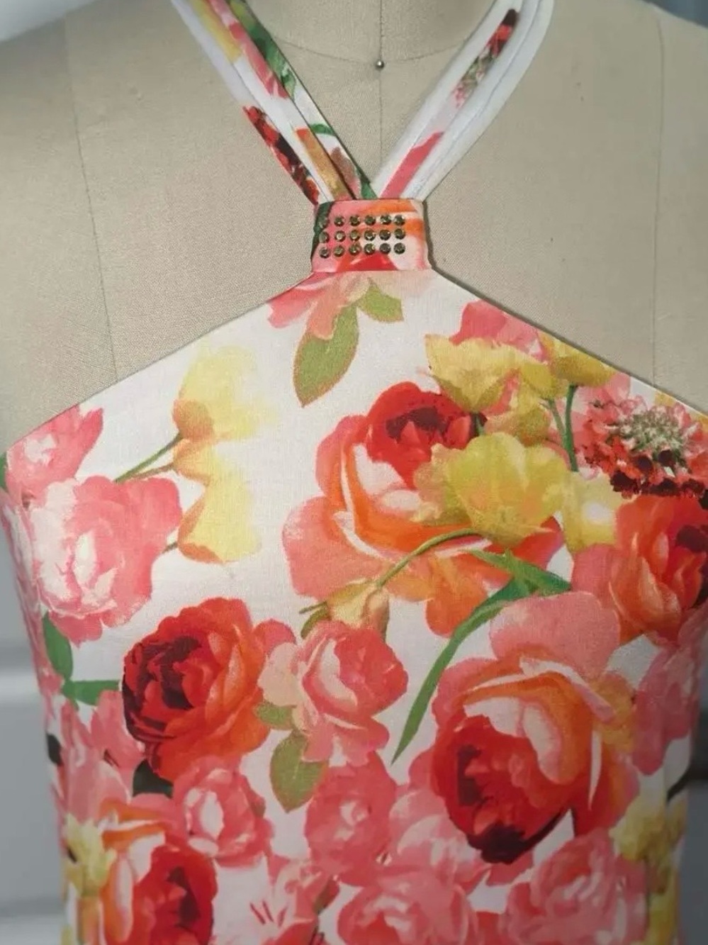 Cache Vintage Y2K Floral Halter Cross Back Maxi Dress Rhinestone M - Picture 7 of 9